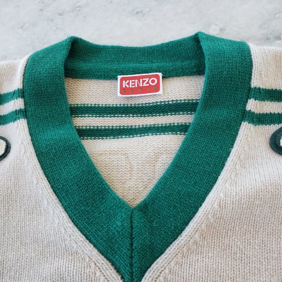 NWOT Kenzo Paris Tiger Intarsia wool V-Neck Sweater Beige/Green - Picture 5 of 5
